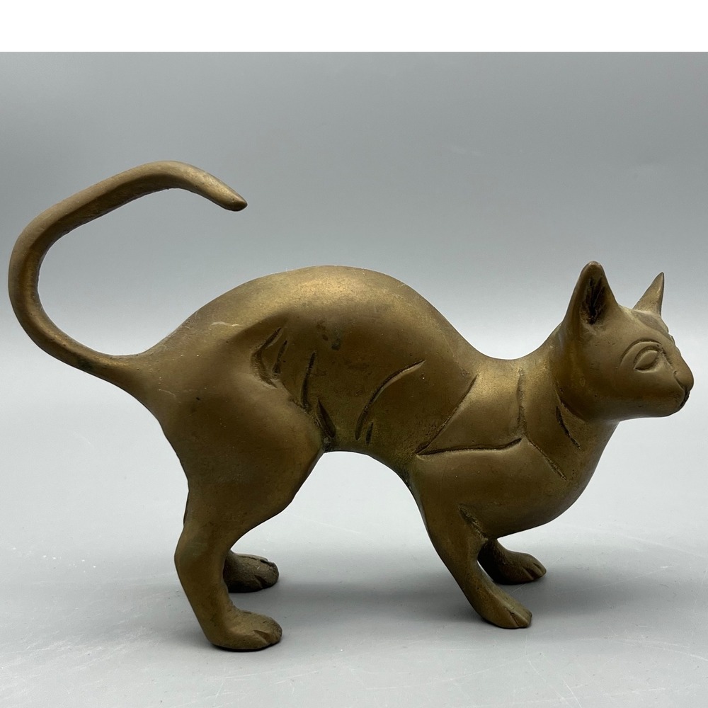 VTG Brass Cat Figurine Siamese Vintage‎ MCM Short Hair 6.5" x 4" Patina